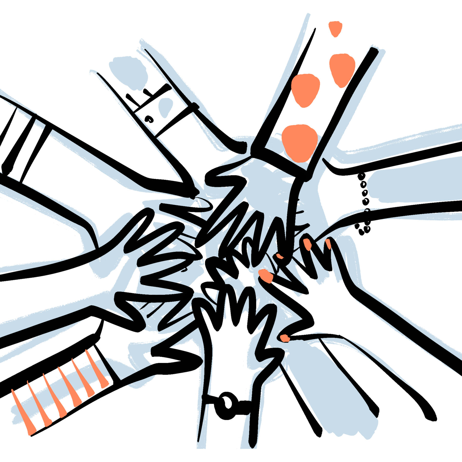 Illustration of several hands coming together in the center, symbolizing teamwork and collaboration. Each hand has a unique style, showing diversity.